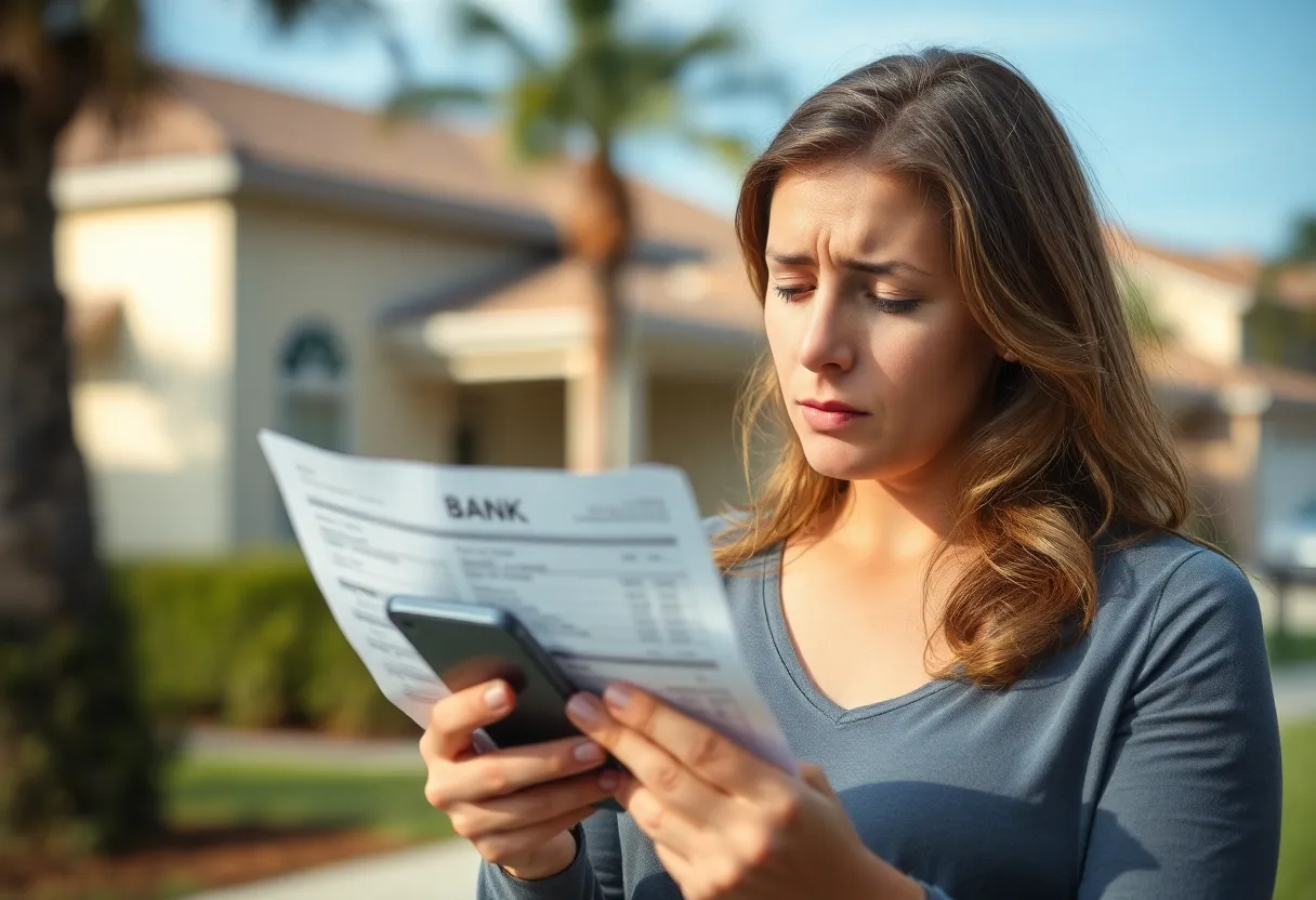 A worried woman reviewing her finances after falling victim to a scam.
