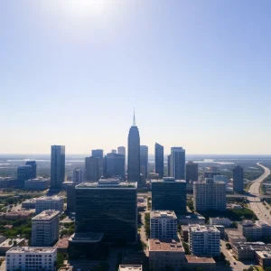 Aerial view of Jacksonville skyline in extremely hot weather