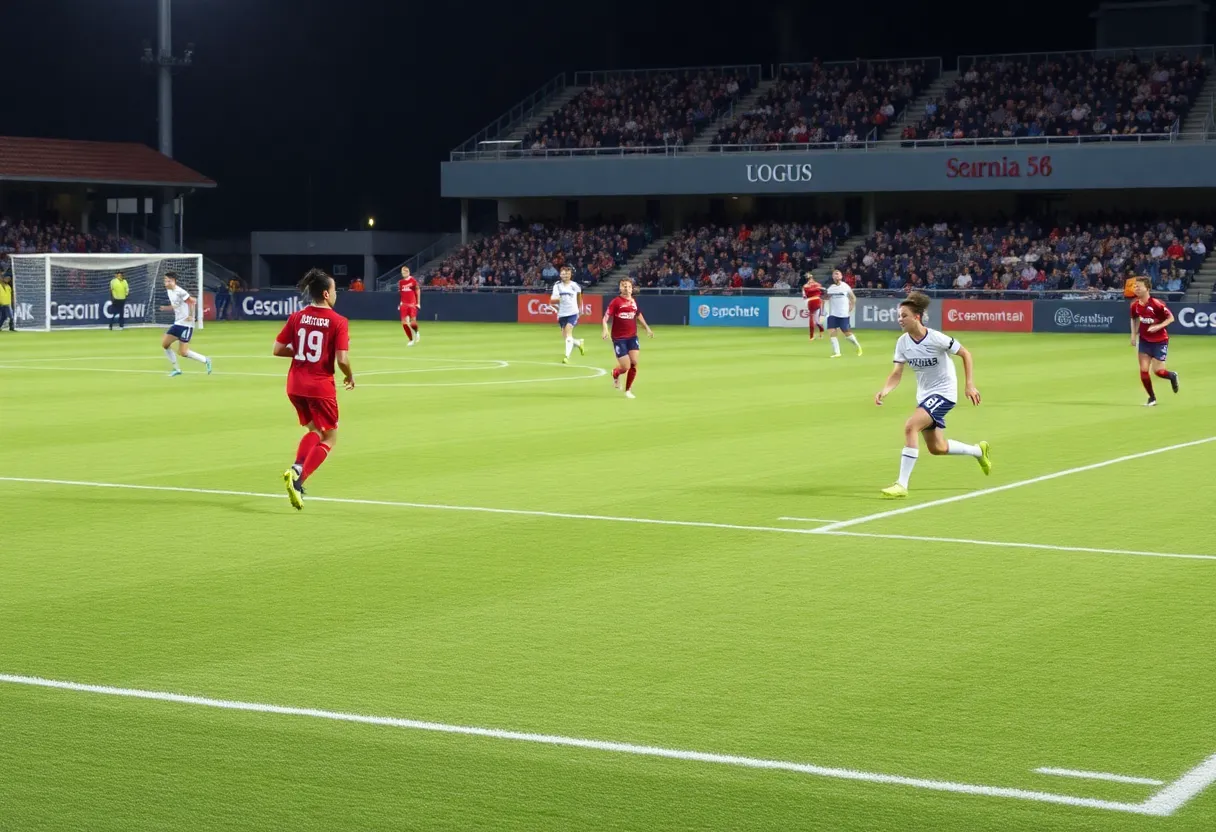 Players on the field during a soccer match between Jacksonville and FAU