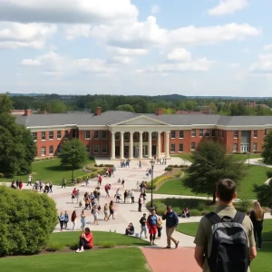 A vibrant view of Jacksonville State University showing students on campus.