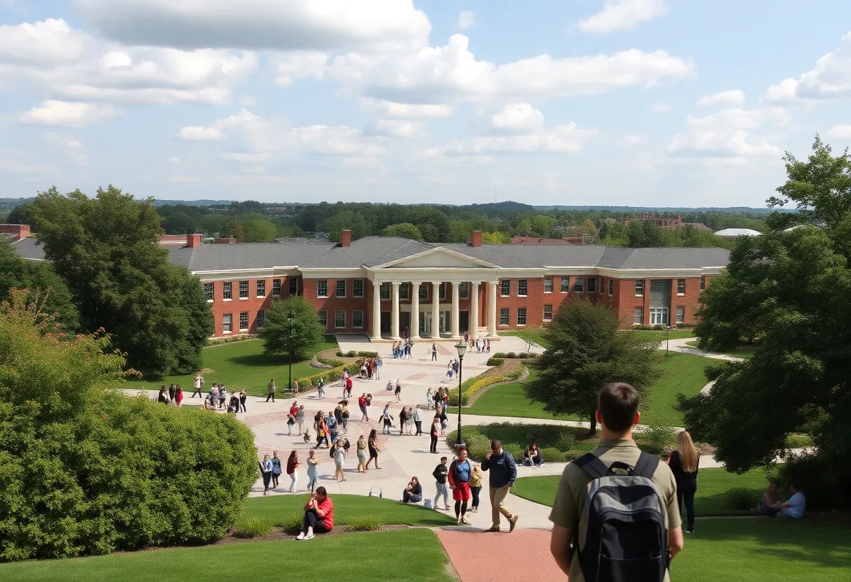 A vibrant view of Jacksonville State University showing students on campus.