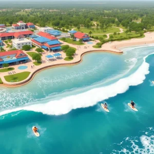 Conceptual illustration of Jacksonville Surf Park featuring a wave lagoon