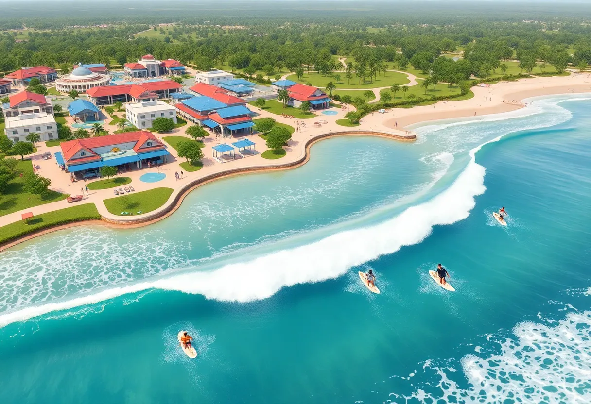 Conceptual illustration of Jacksonville Surf Park featuring a wave lagoon