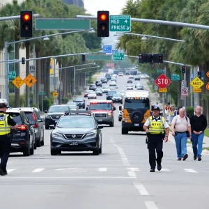 Traffic enforcement officers in Jacksonville assisting pedestrians.