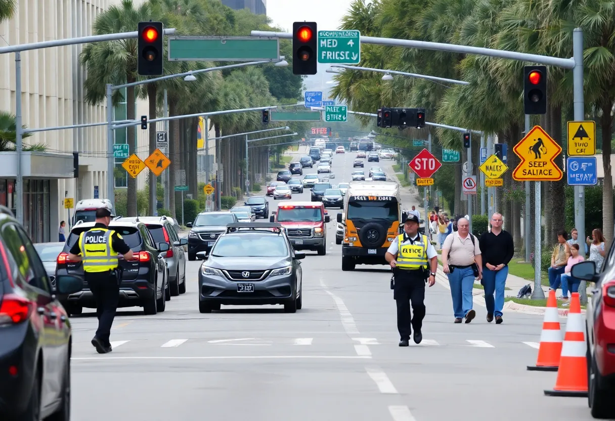 Traffic enforcement officers in Jacksonville assisting pedestrians.