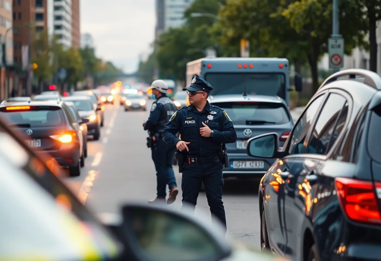 Police officers surrounding a vehicle during a traffic stop