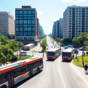 Jacksonville cityscape with buses and people on Labor Day