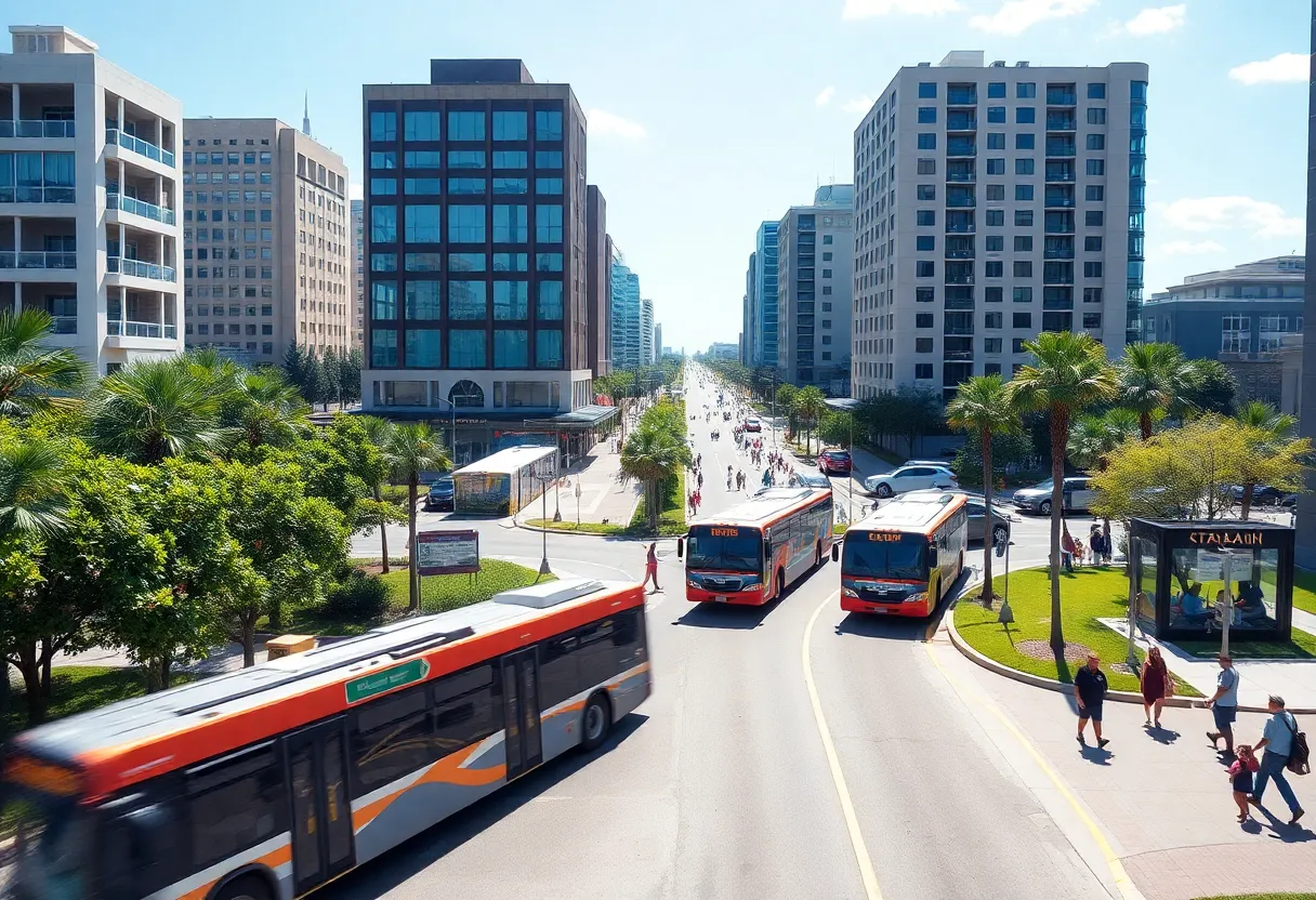 Jacksonville cityscape with buses and people on Labor Day