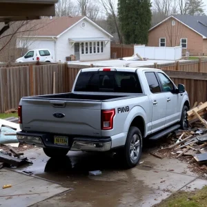 A pickup truck wrecked in a garage amidst damaged backyards.