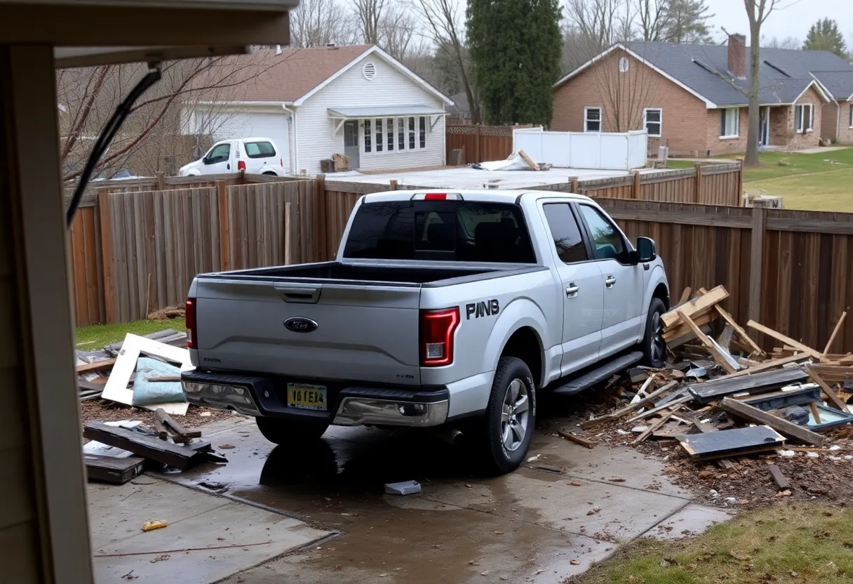 A pickup truck wrecked in a garage amidst damaged backyards.