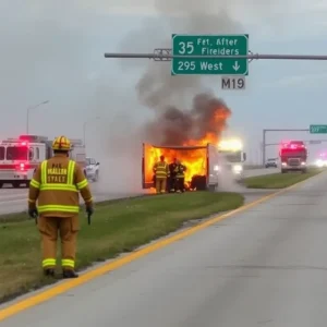 Firefighters extinguishing a vehicle fire on Interstate 295 in Jacksonville