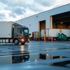 A commercial truck in a warehouse parking lot highlighting safety concerns.