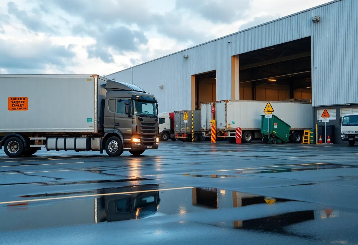 A commercial truck in a warehouse parking lot highlighting safety concerns.
