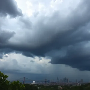 Storm clouds gathering over Jacksonville city skyline