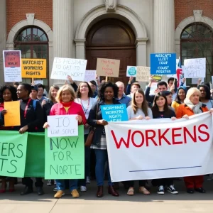 Rally for workers rights in Jacksonville with diverse participants.