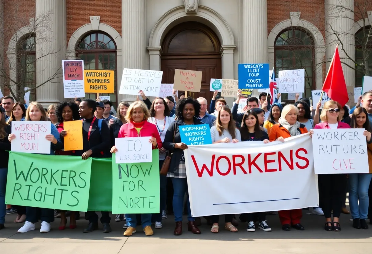 Rally for workers rights in Jacksonville with diverse participants.