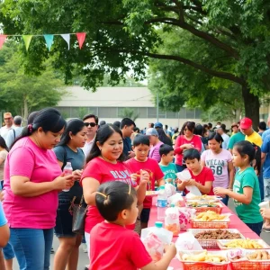 Community celebration for Hispanic Heritage Month with families and youth participating in sports activities.