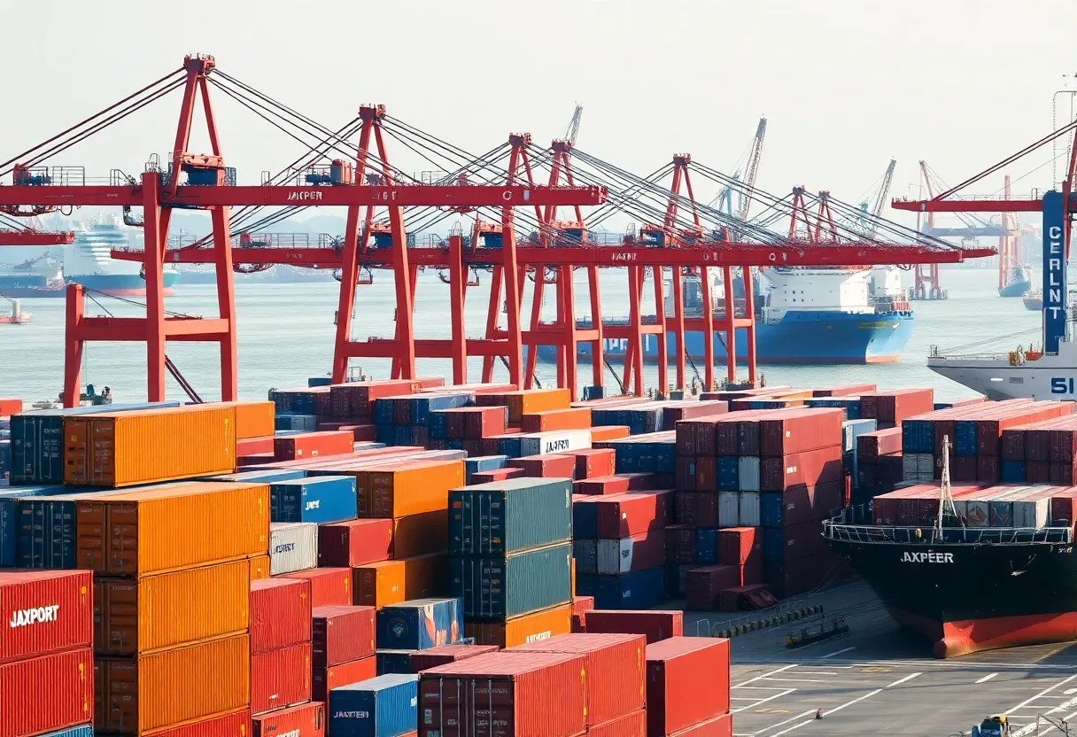 The operational area of JAXPORT with shipping containers and cranes.