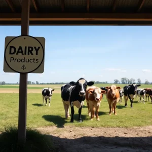 Dairy farm landscape with cows and caution sign