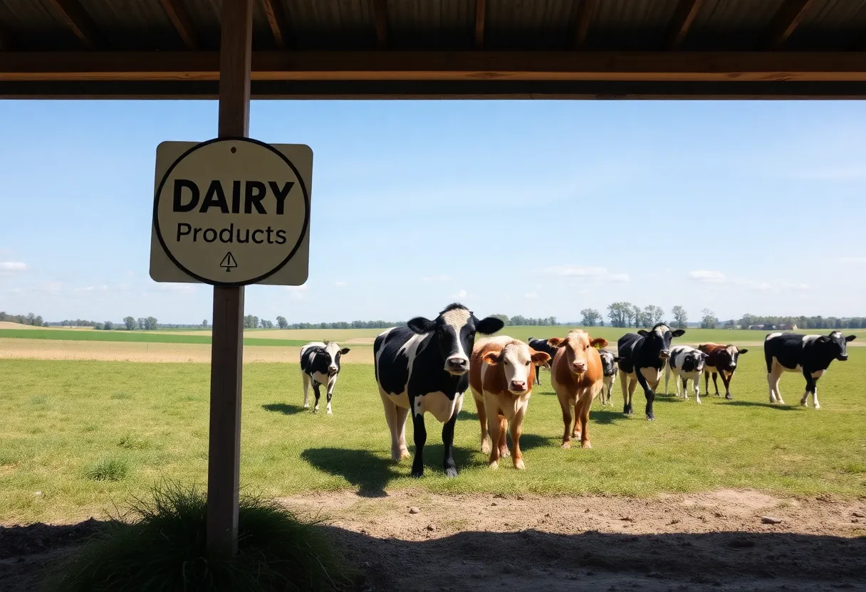 Dairy farm landscape with cows and caution sign