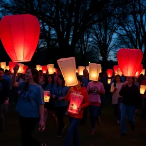 Participants walking with illuminated lanterns at Light The Night Walks