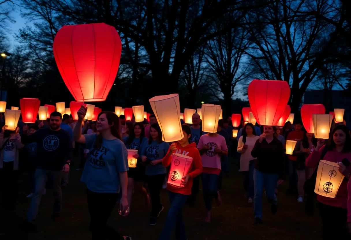 Participants walking with illuminated lanterns at Light The Night Walks