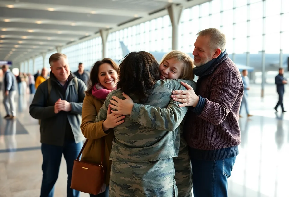 Family reunion at Jacksonville Airport with military serviceman returning home
