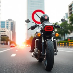 Motorcycle on a city road with safety signs