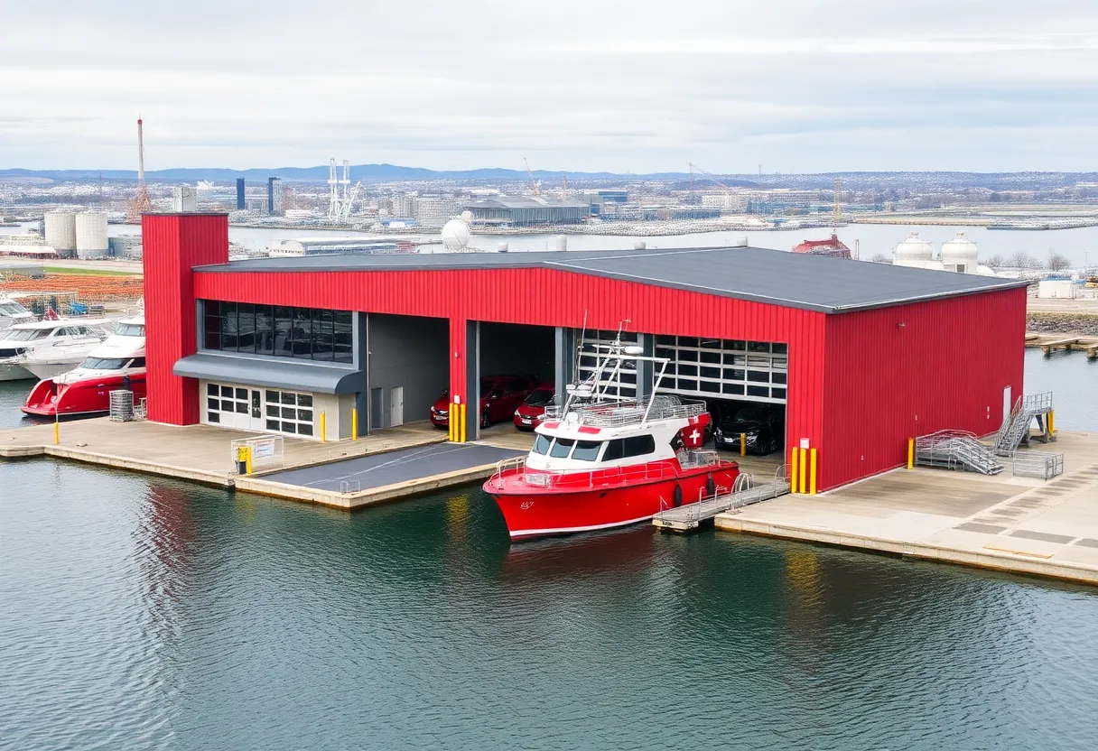 Rendering of the new Fire Station 48 in Jacksonville, featuring a dock for fireboats.