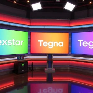 Broadcasting studio with Nexstar and Tegna logos