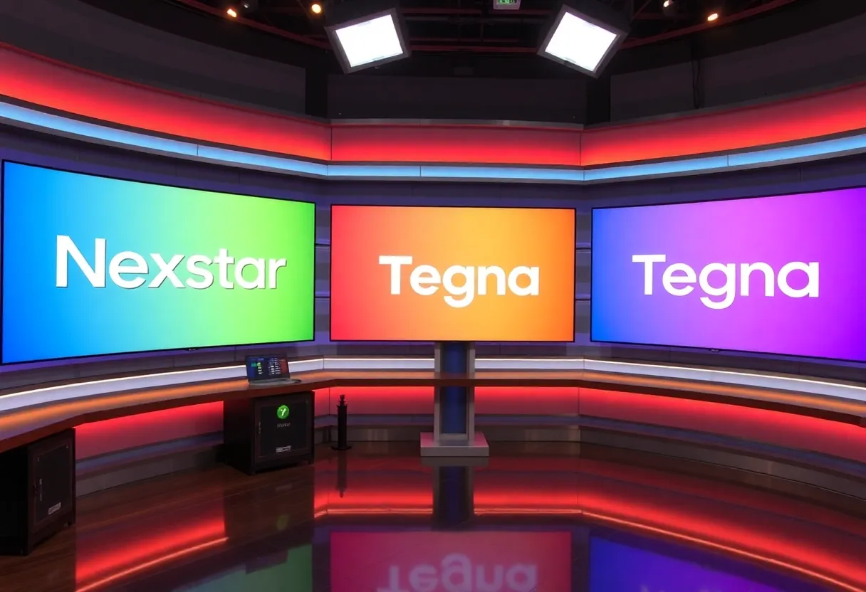 Broadcasting studio with Nexstar and Tegna logos