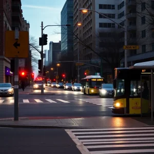 City intersection near a bus stop emphasizing pedestrian safety