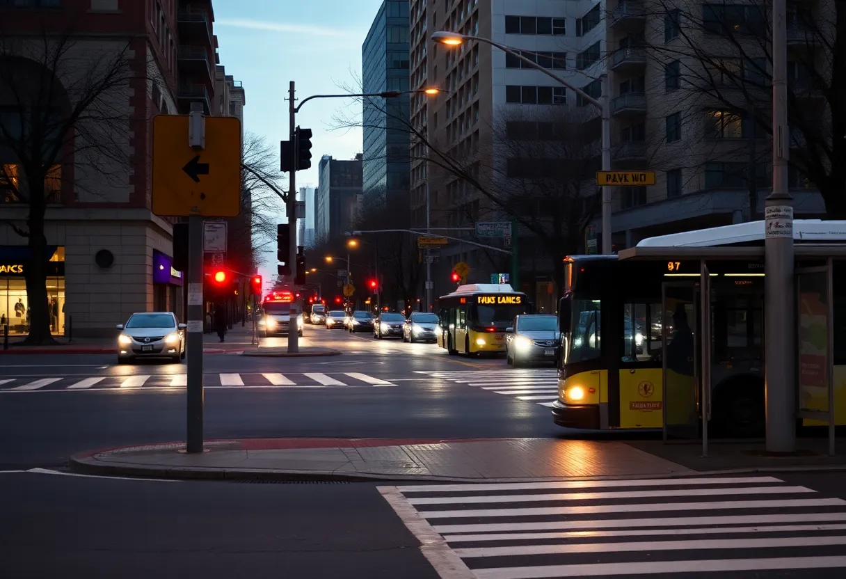 City intersection near a bus stop emphasizing pedestrian safety