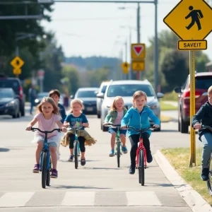 Children walking safely in a school zone with traffic signs.