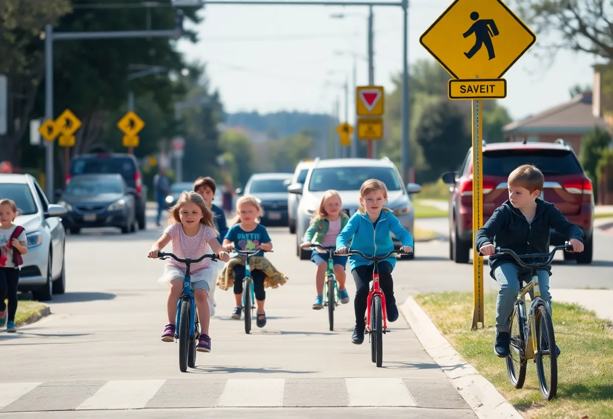Children walking safely in a school zone with traffic signs.