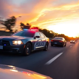 Police car engaged in a high-speed chase on a highway.