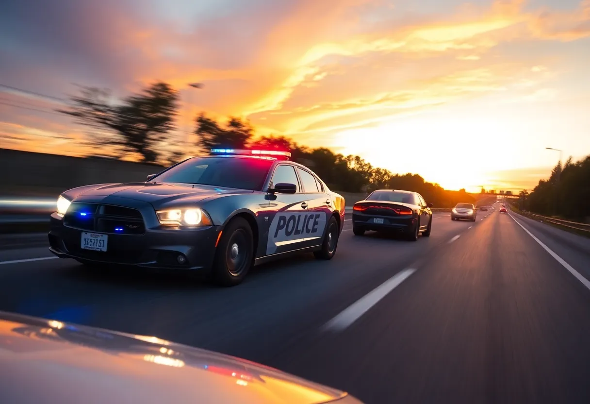 Police car engaged in a high-speed chase on a highway.