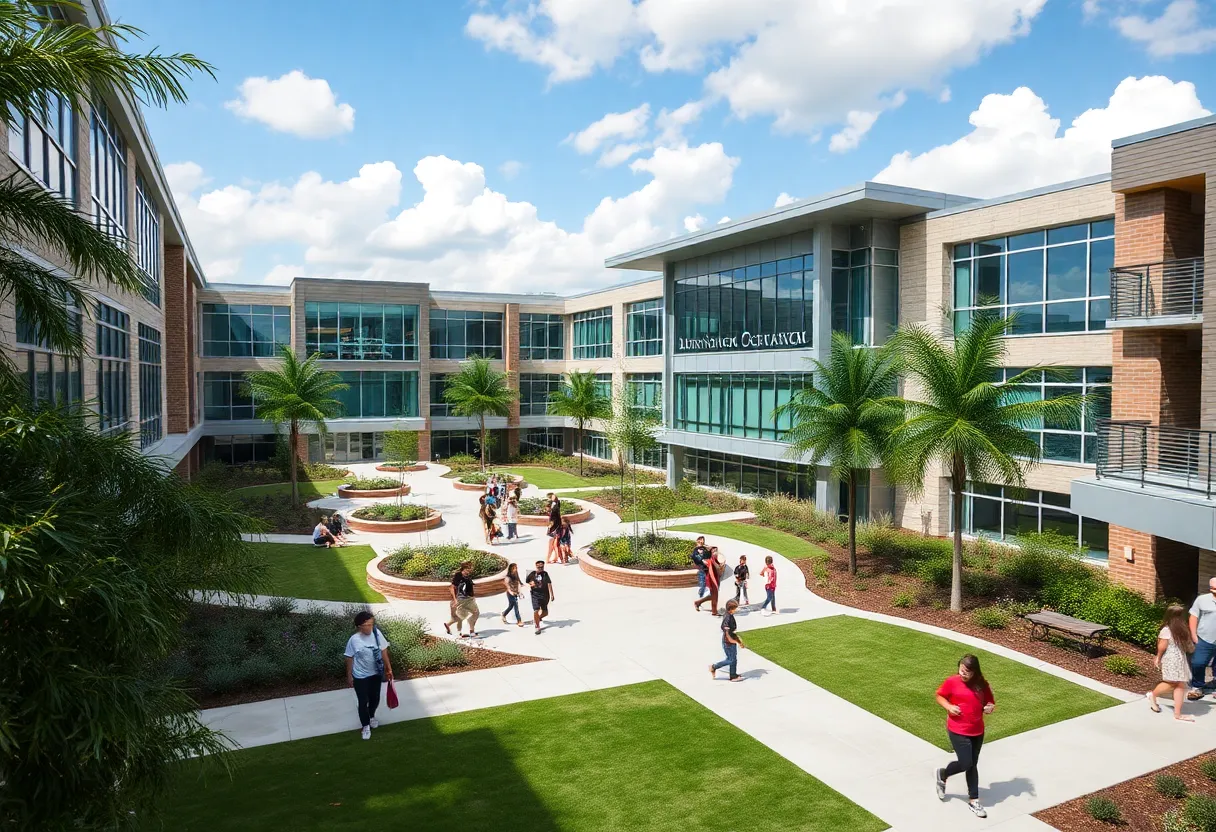 View of a private K-12 school in Jacksonville with students outside
