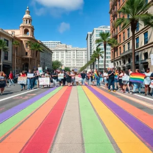Protesters filling a rainbow crosswalk with chalk
