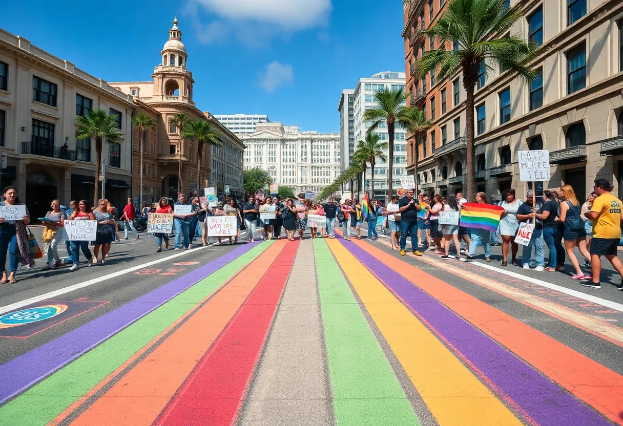 Protesters filling a rainbow crosswalk with chalk