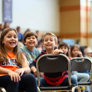 Students participating in a musical chairs game during a pep rally.