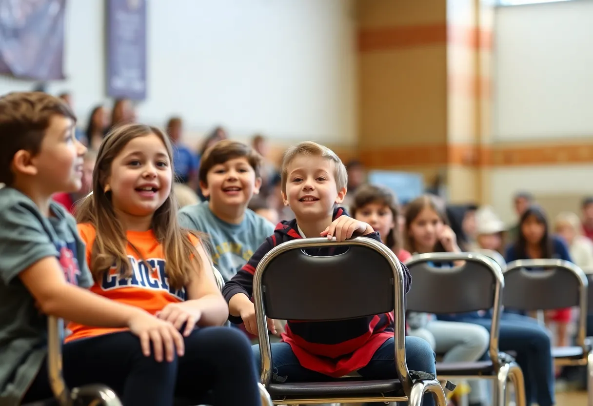Students participating in a musical chairs game during a pep rally.