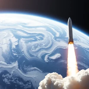 A SpaceX rocket launching into the sky with the Earth in the background, representing NASA's research collaboration.