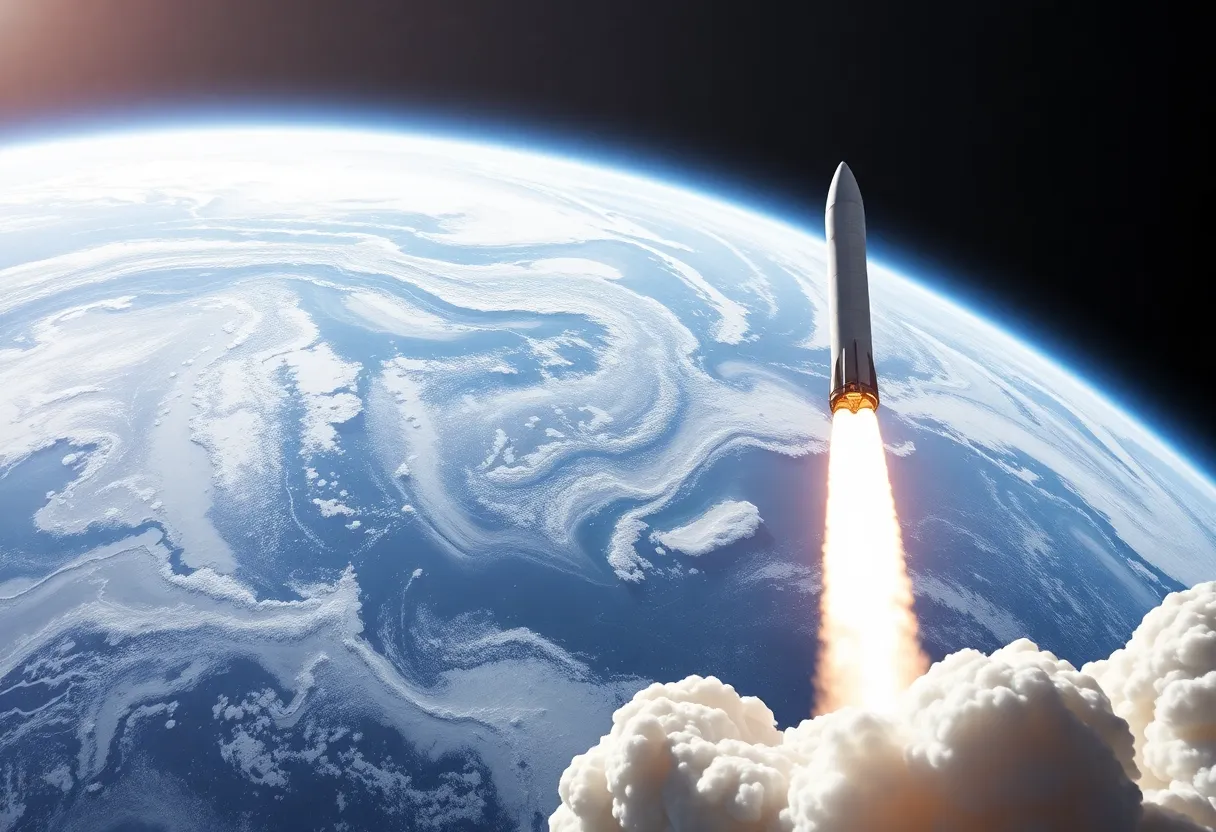 A SpaceX rocket launching into the sky with the Earth in the background, representing NASA's research collaboration.