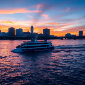 St. Johns River Ferry navigating the river with sunset colors in the background.