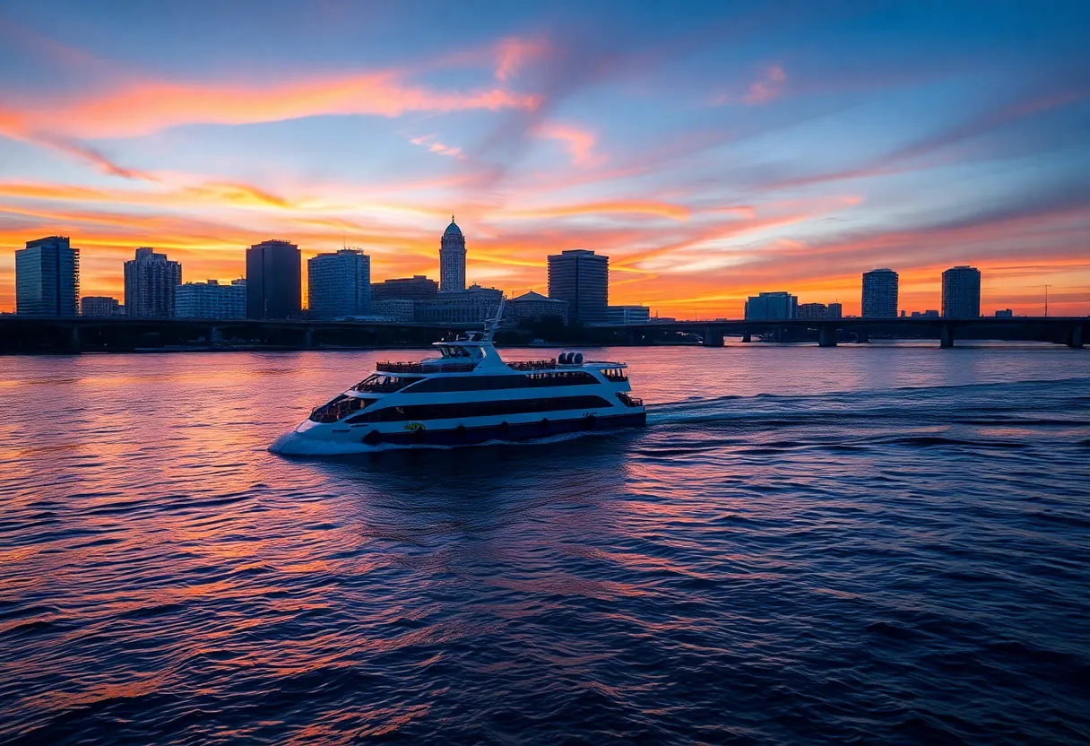 St. Johns River Ferry navigating the river with sunset colors in the background.