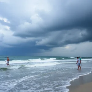 A stormy beach in Jacksonville, Florida, with dark clouds and rough waves