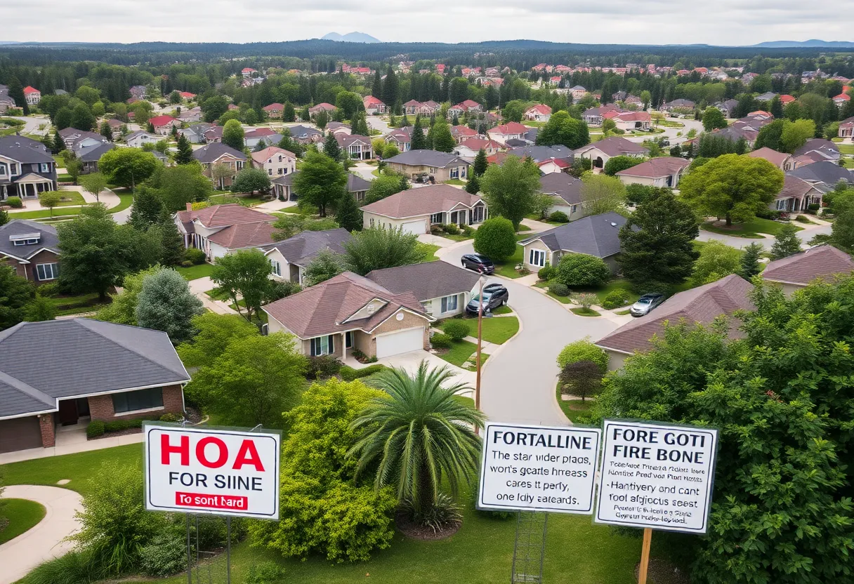 Vibrant suburban neighborhood with HOA signs and homeowners