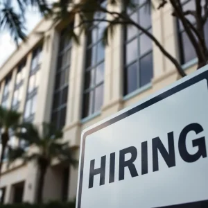 TCS office building in Jacksonville with a hiring sign, highlighting recent layoffs.