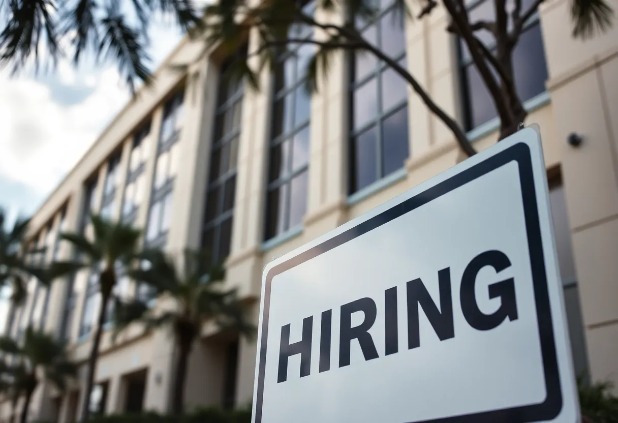 TCS office building in Jacksonville with a hiring sign, highlighting recent layoffs.